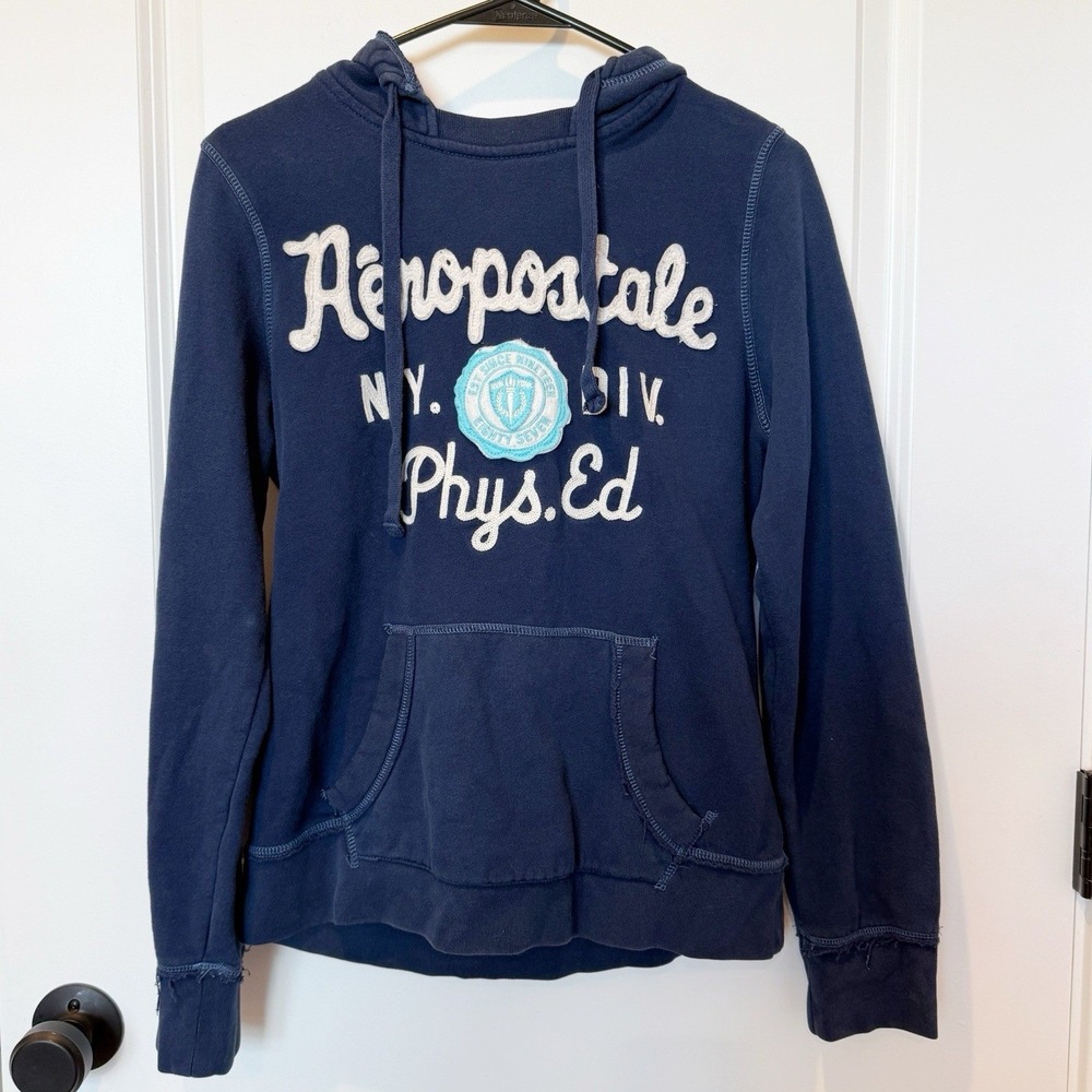 VTG Aeropostale Womens Y2K Navy Hooded Sweatshirt Large Preppy Mall Spellout